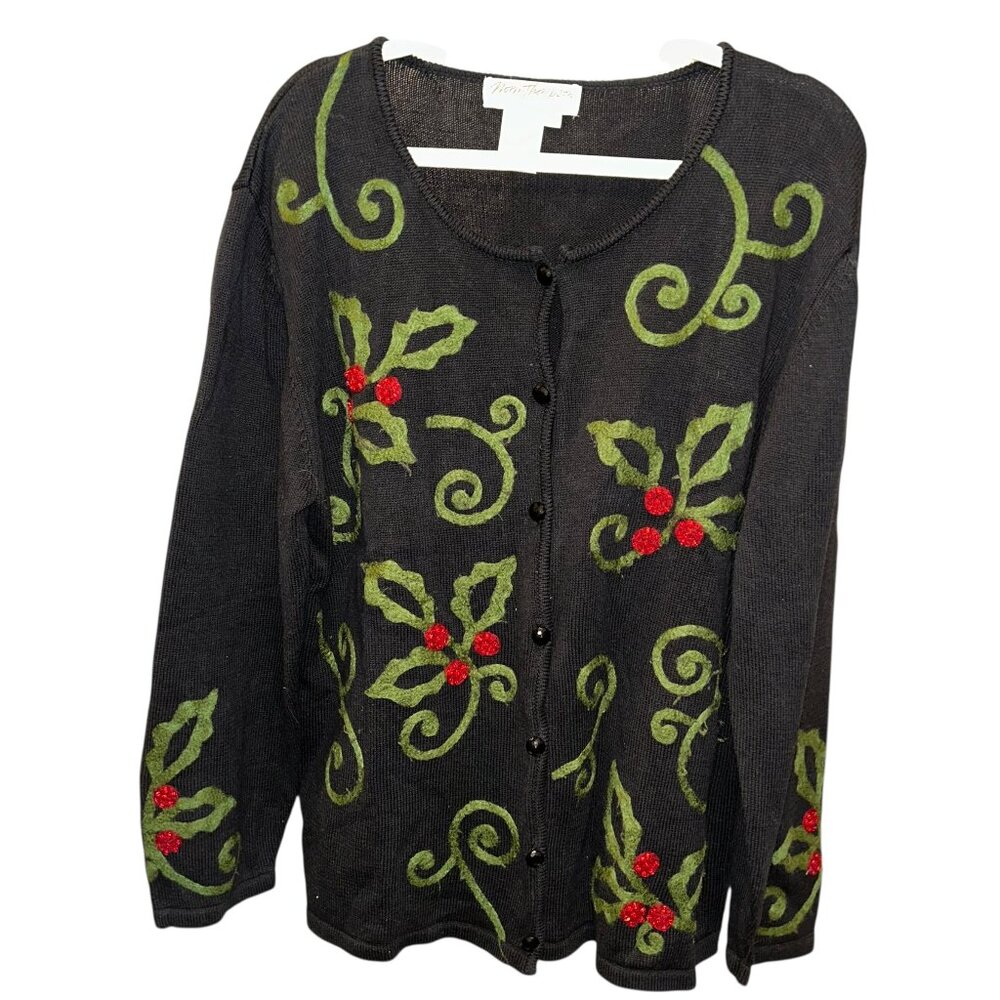 Norm Thompson Ugly Christmas Sweater embroidered holly cardigan sweater PLUS 1X